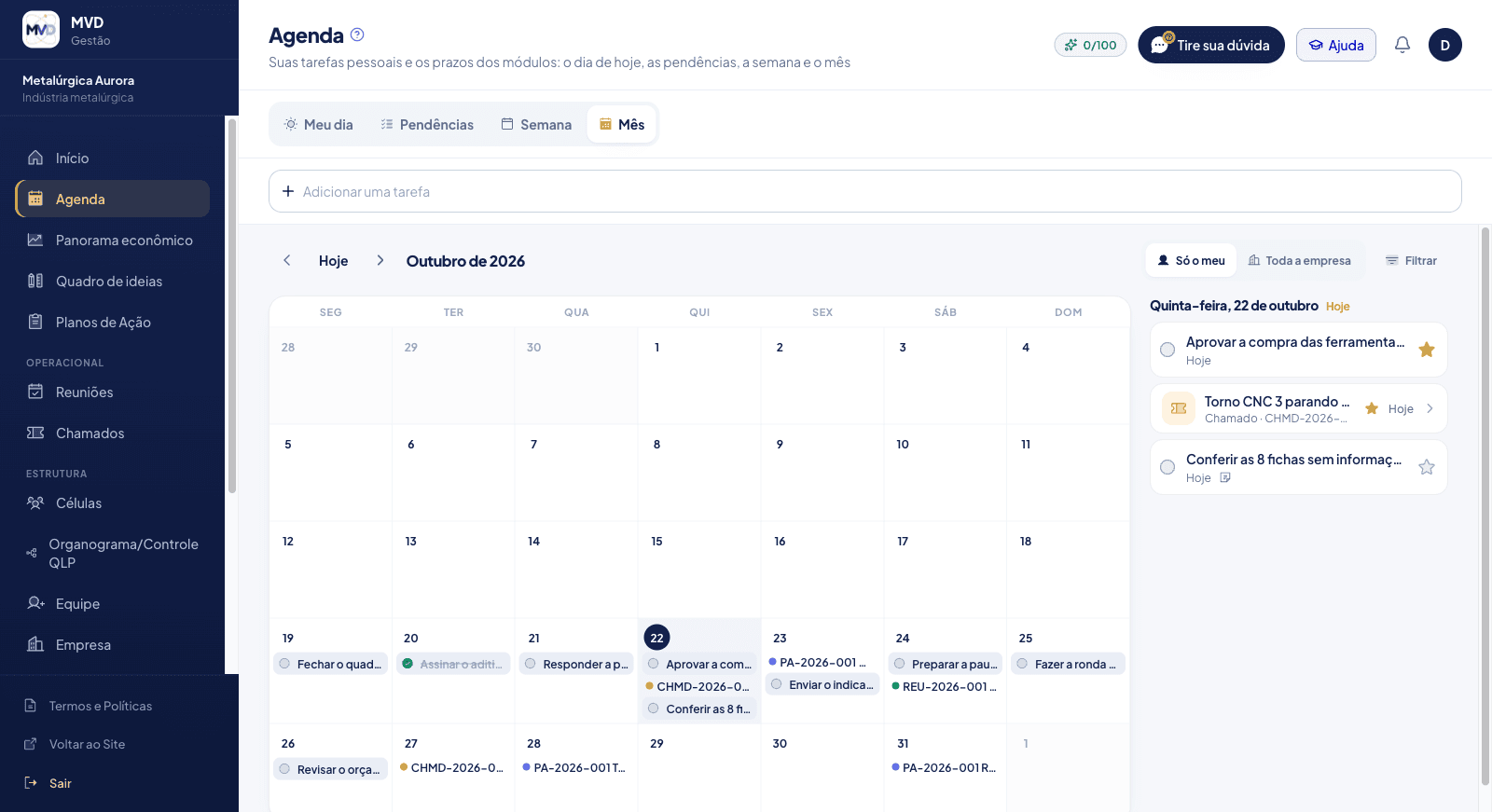 Visão Mês da Agenda com plano de ação, chamado, reunião e tarefas pessoais no mesmo calendário