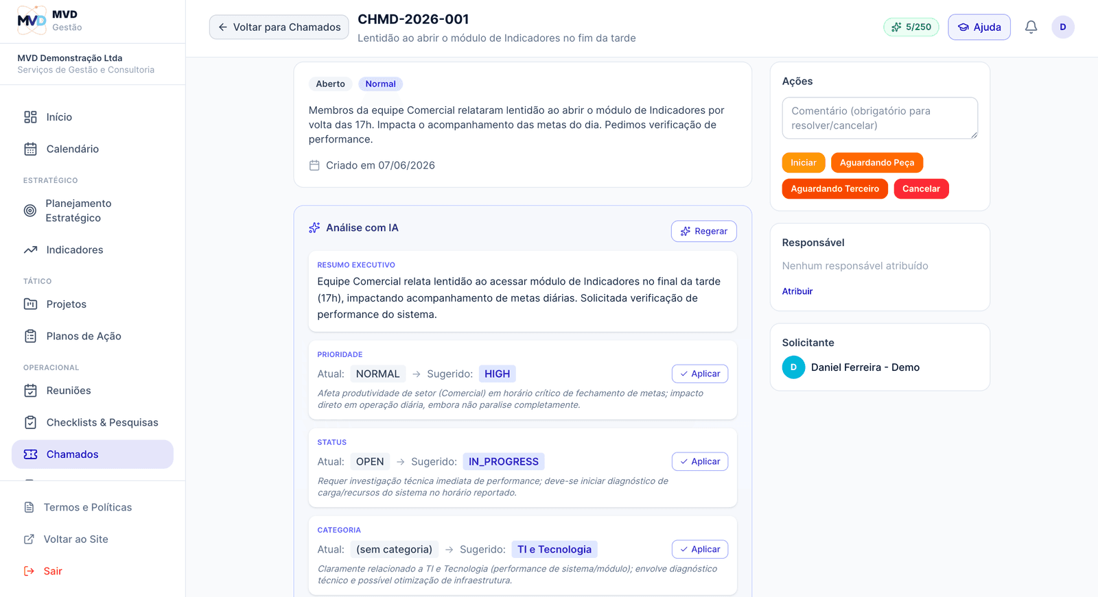 Análise com IA de um chamado sugerindo prioridade, status e categoria