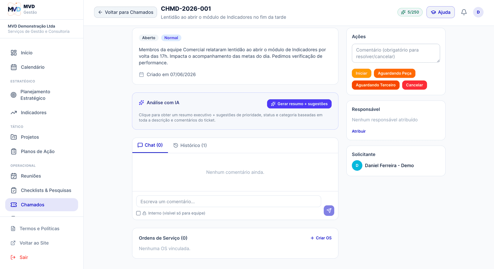 Detalhe de um chamado com ações, responsável e solicitante