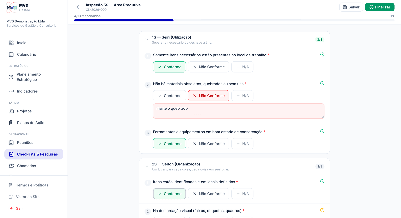 Aplicação de inspeção 5S com respostas Conforme / Não Conforme