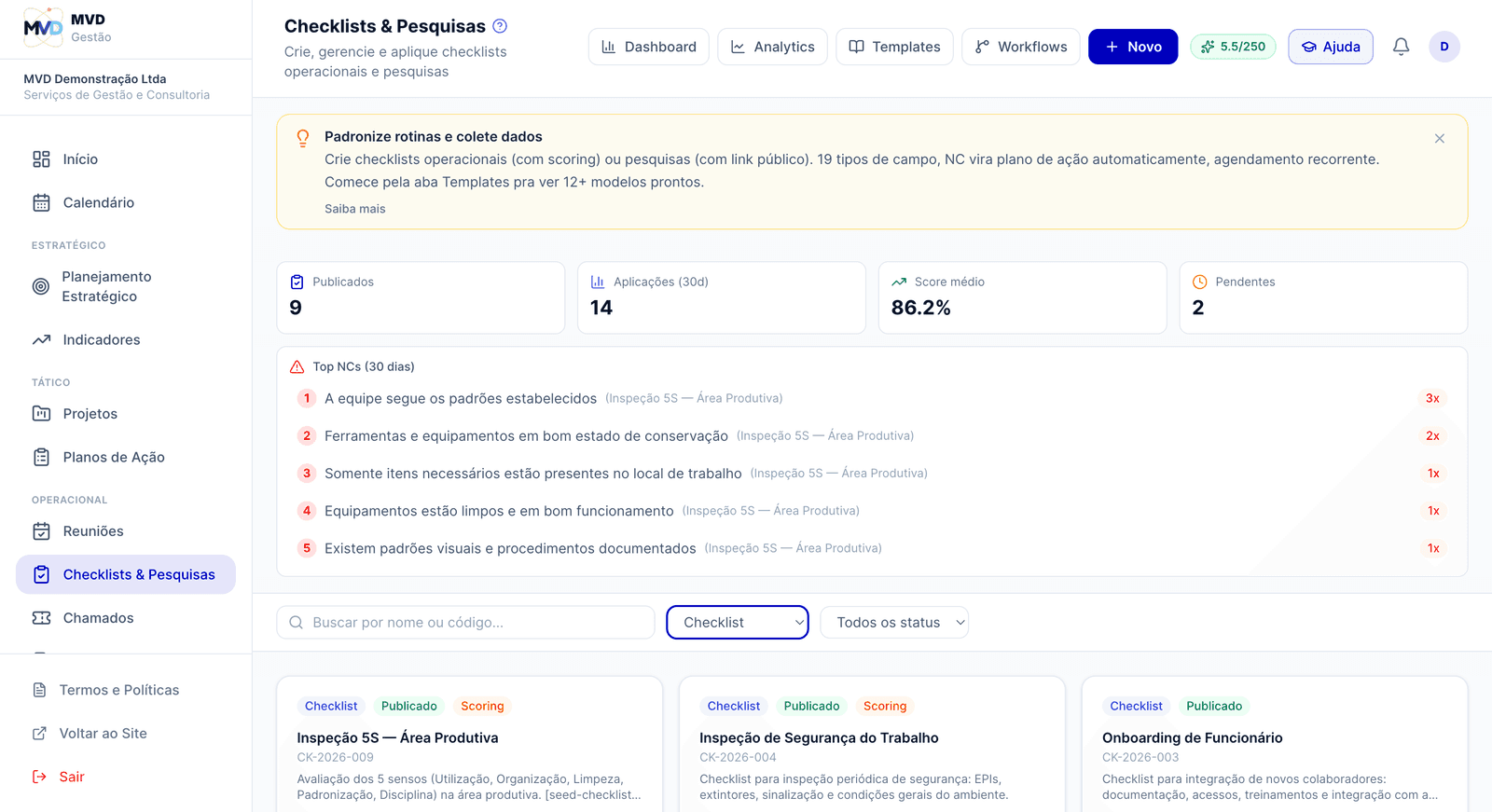Lista de Checklists & Pesquisas com cards e categorias