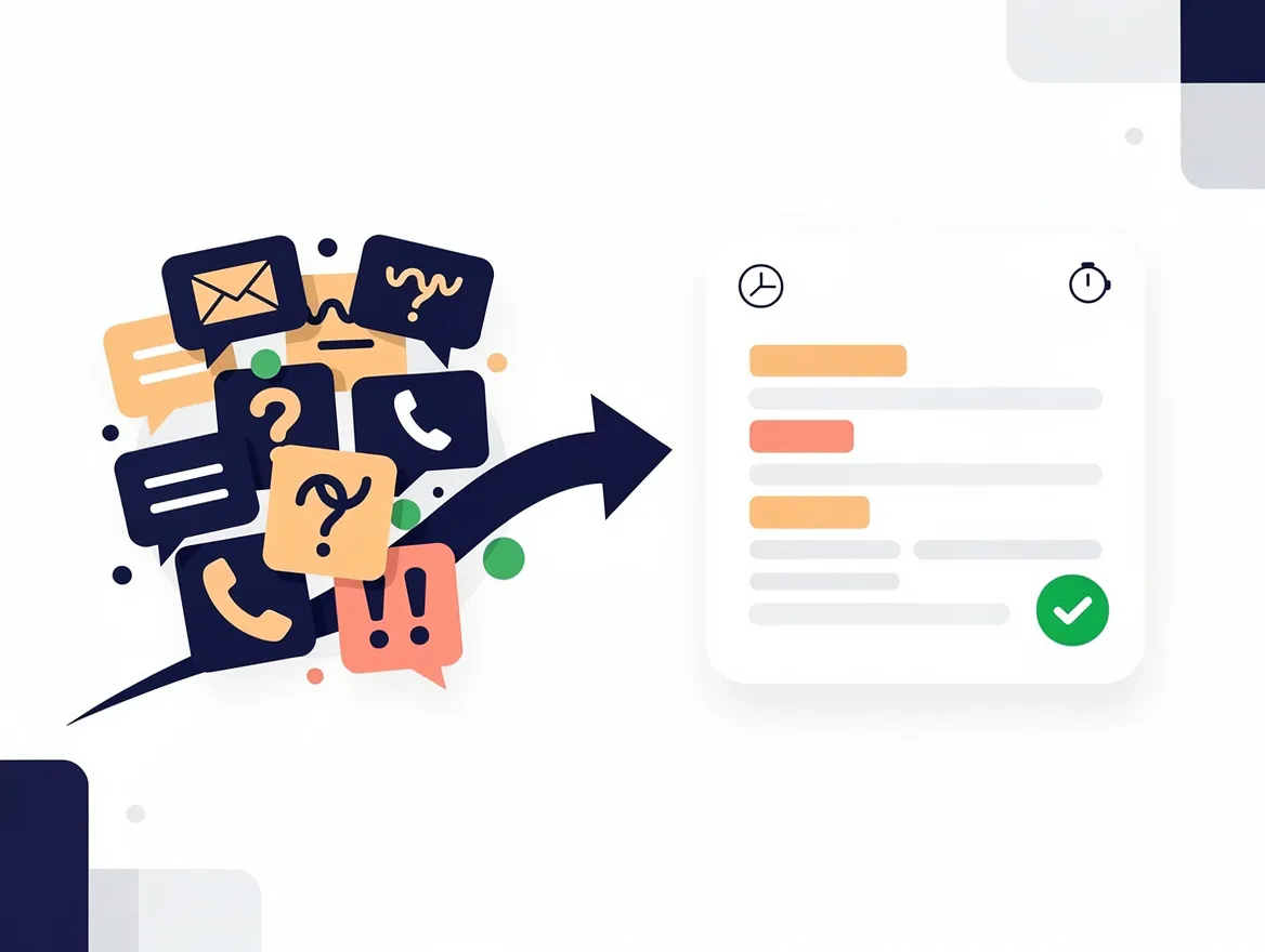 Pedidos vindos de chat, e-mail e telefone sendo organizados num quadro de chamados com status, prazo e resolvido