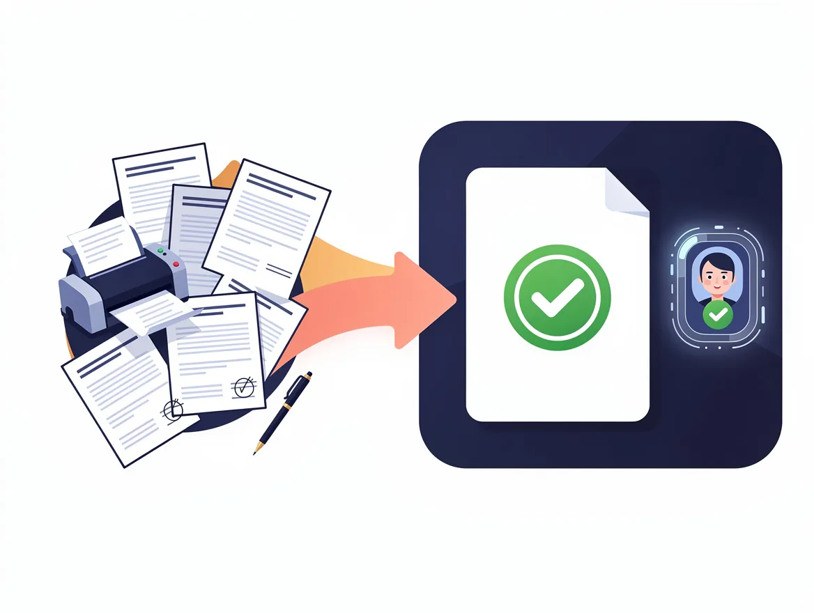 Pilha de contratos em papel com impressora sendo transformada num documento digital assinado com check verde e verificação biométrica