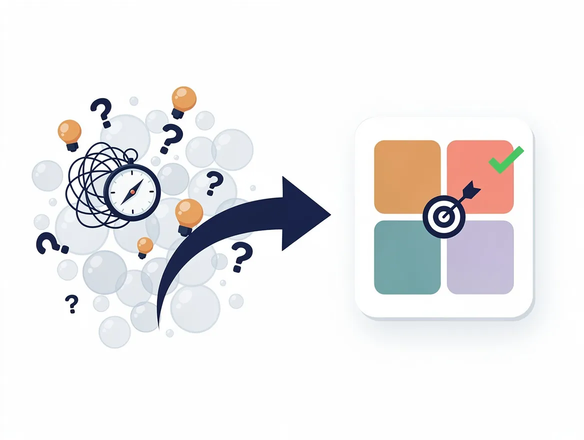 Ideias e uma bússola emaranhadas sendo organizadas numa matriz SWOT 2x2 com alvo e prioridade definida