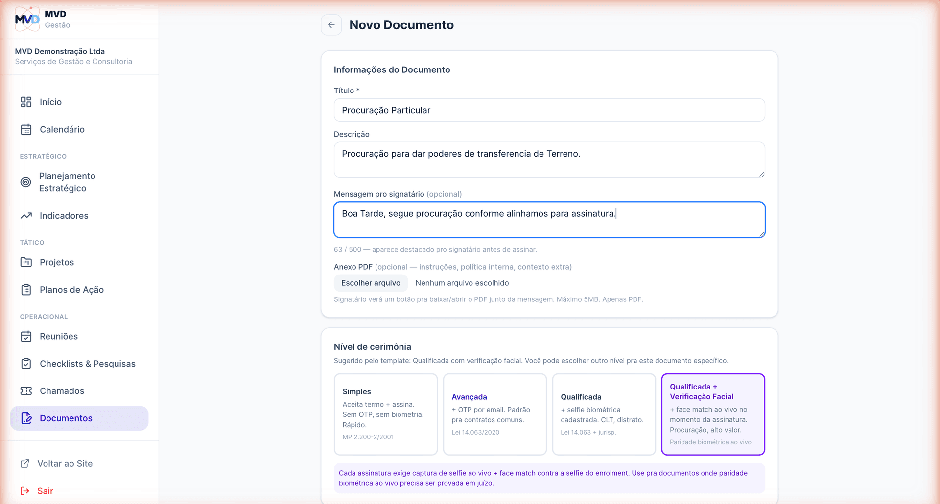 Tela de novo documento com seletor dos 4 tiers de cerimônia