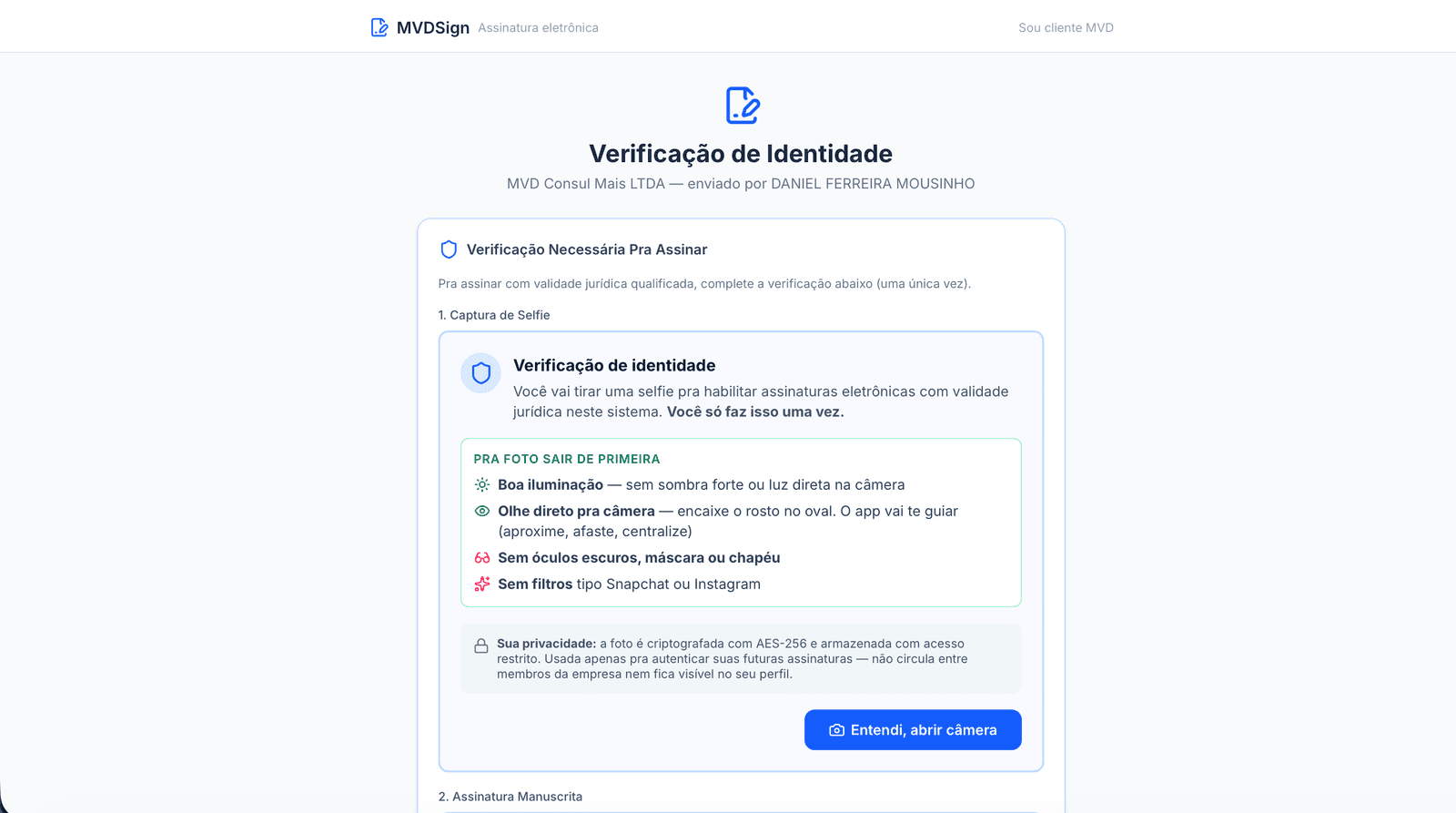 Tela de verificação de identidade do signatário com captura de selfie