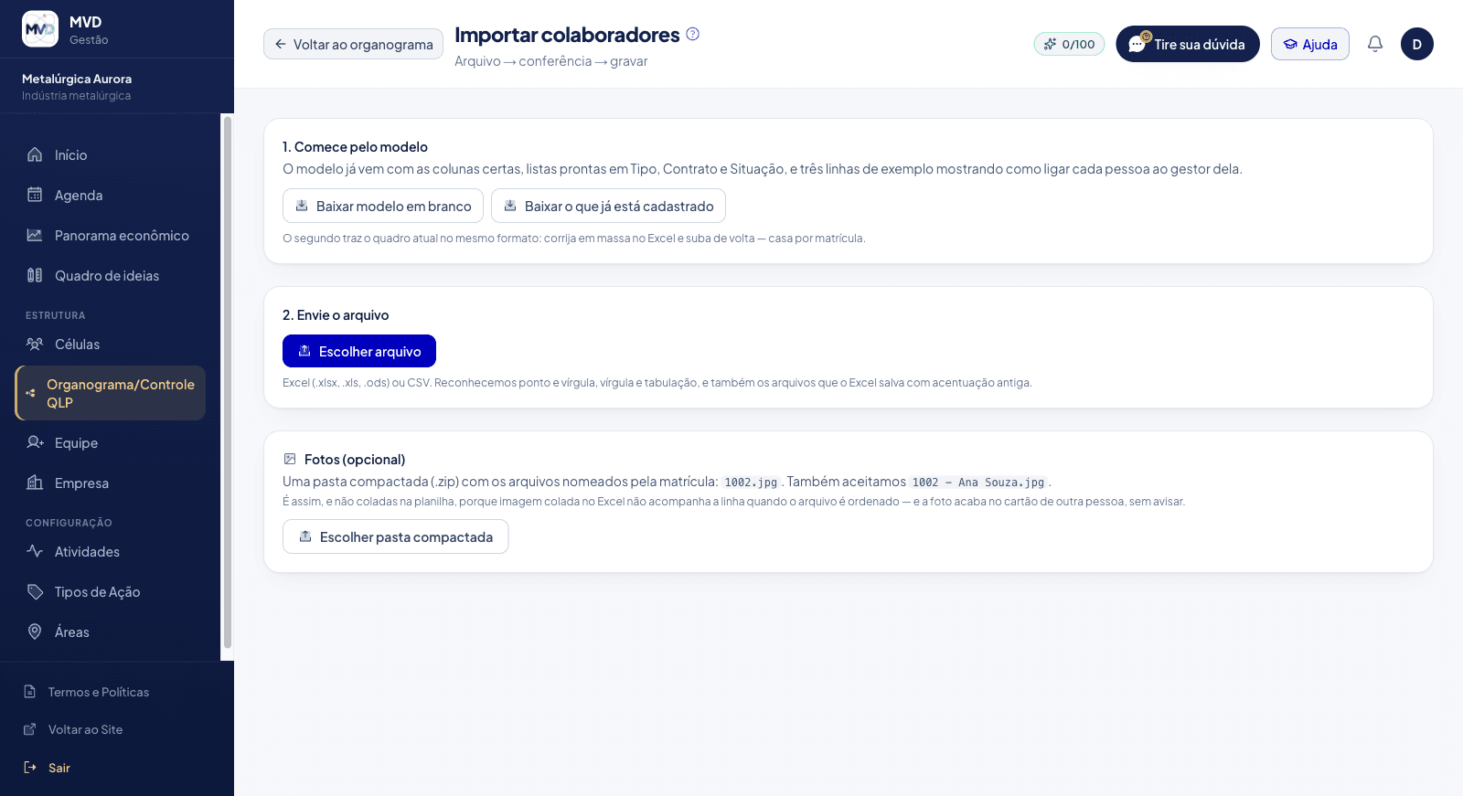 Tela de importação com os dois downloads do modelo de planilha e o envio de fotos