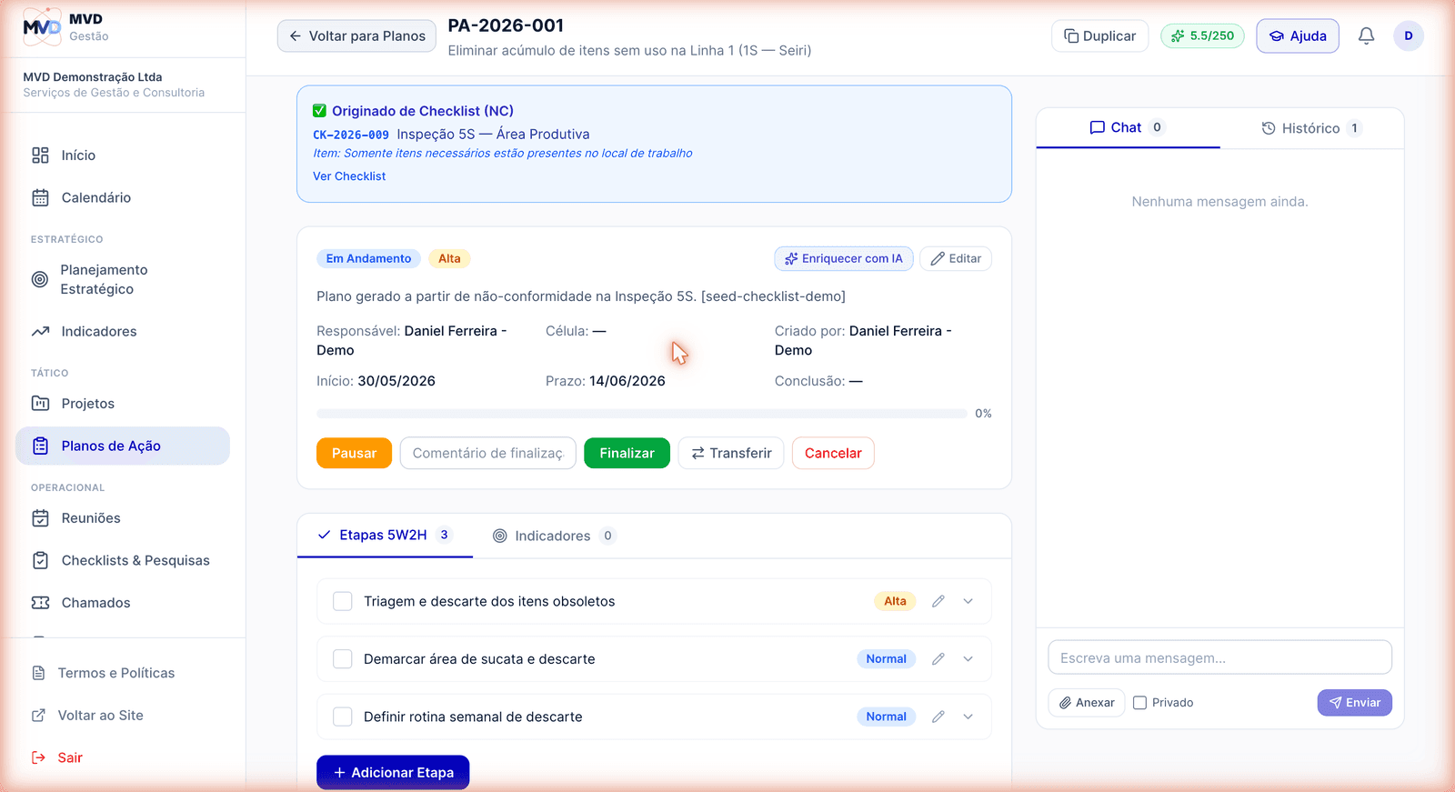 Detalhe de um plano de ação com etapas 5W2H e responsáveis