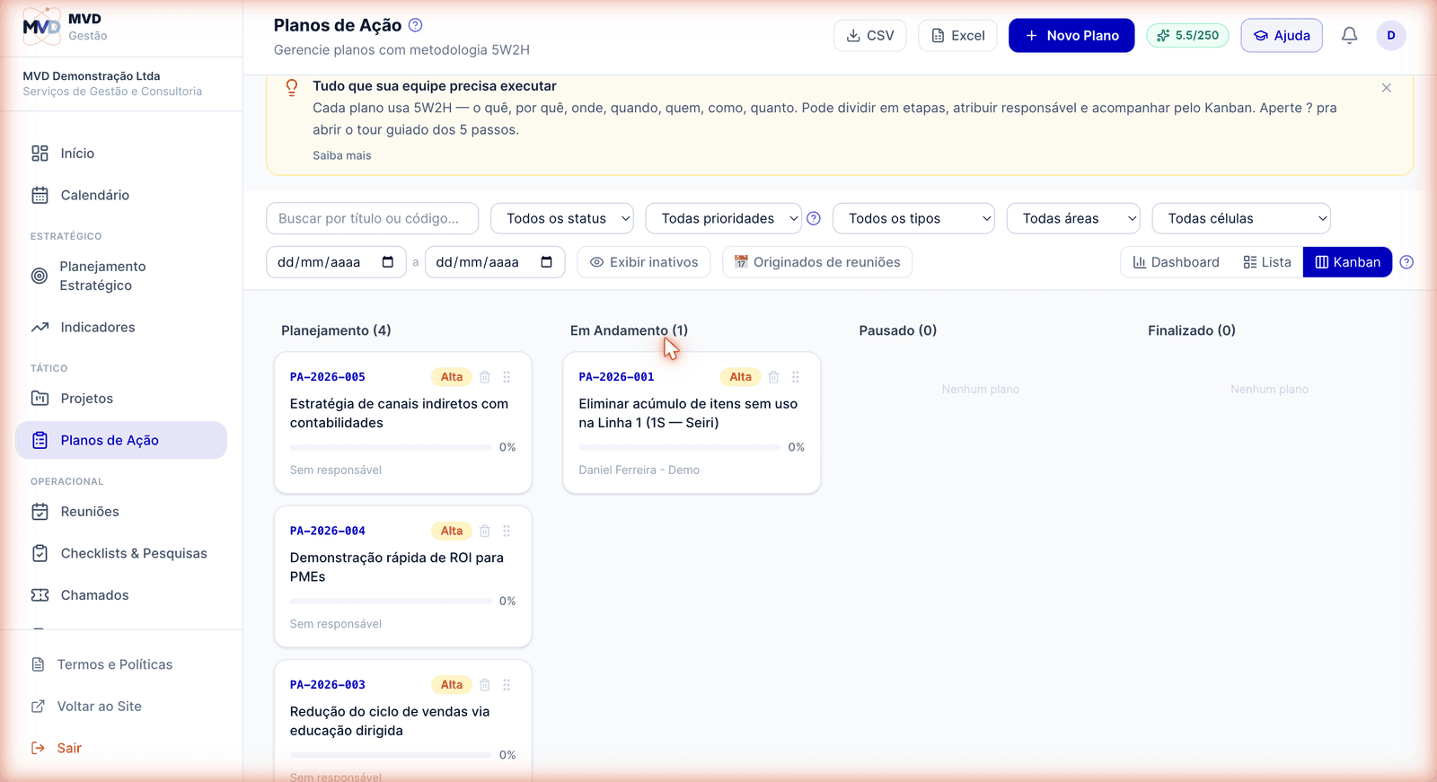 Kanban de planos de ação