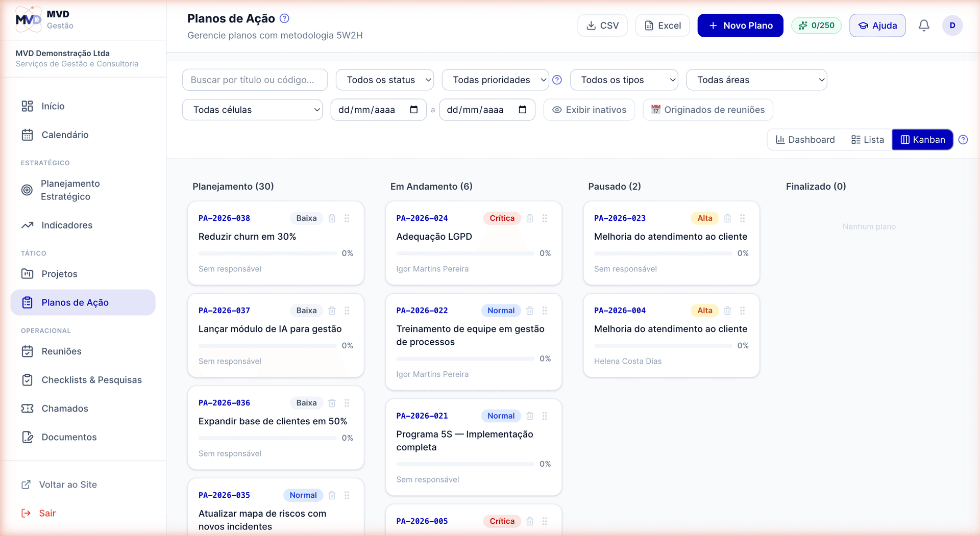 Kanban de Planos de Ação com 4 colunas e cards de prioridade